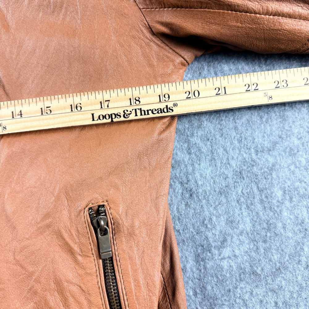 Mario Hernandez Leather Bomber Jacket Tan Brown Mens SZ 40 Zip Front Ribbed Trim - Picture 7 of 16